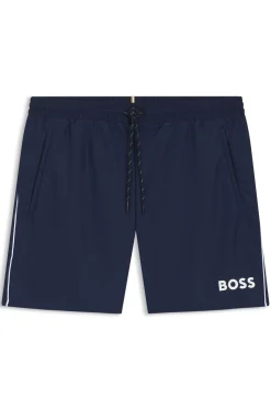 Badeshorts mit kontrastfarbenem Logo und Paspelierung