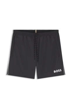 Badeshorts mit kontrastfarbenem Logo und Paspelierung