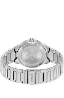 Beleuchtete Uhr mit Gliederarmband und schwarzem Zifferblatt