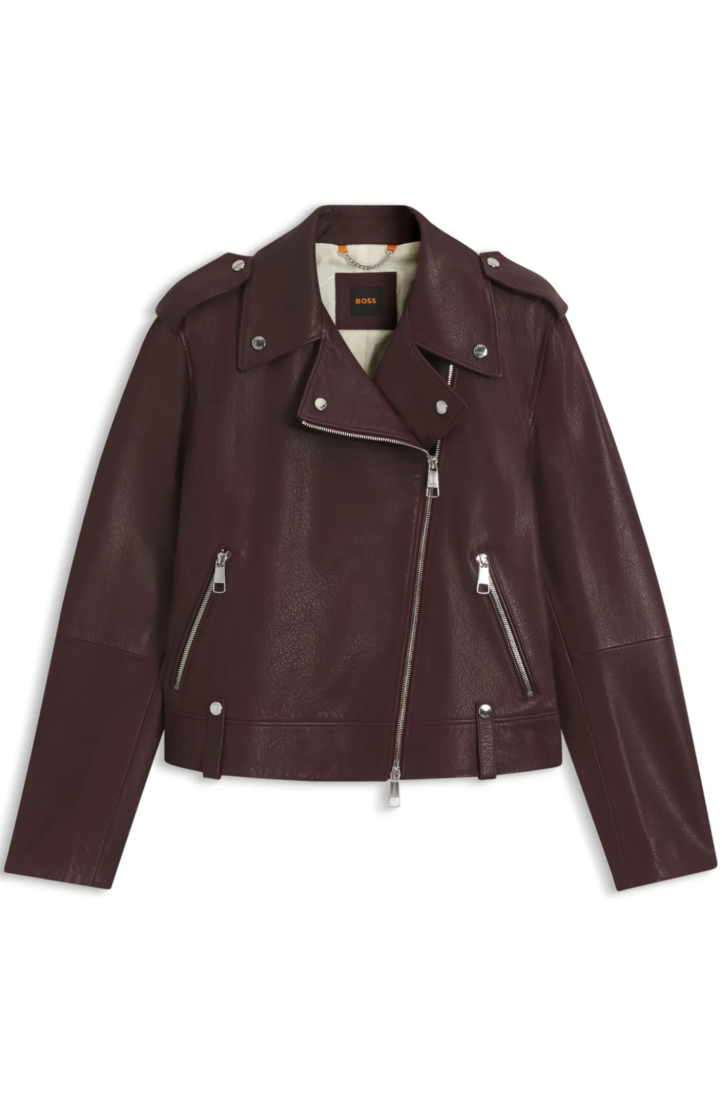 Bikerjacke aus genarbtem Leder mit Reißverschlüssen und Nieten