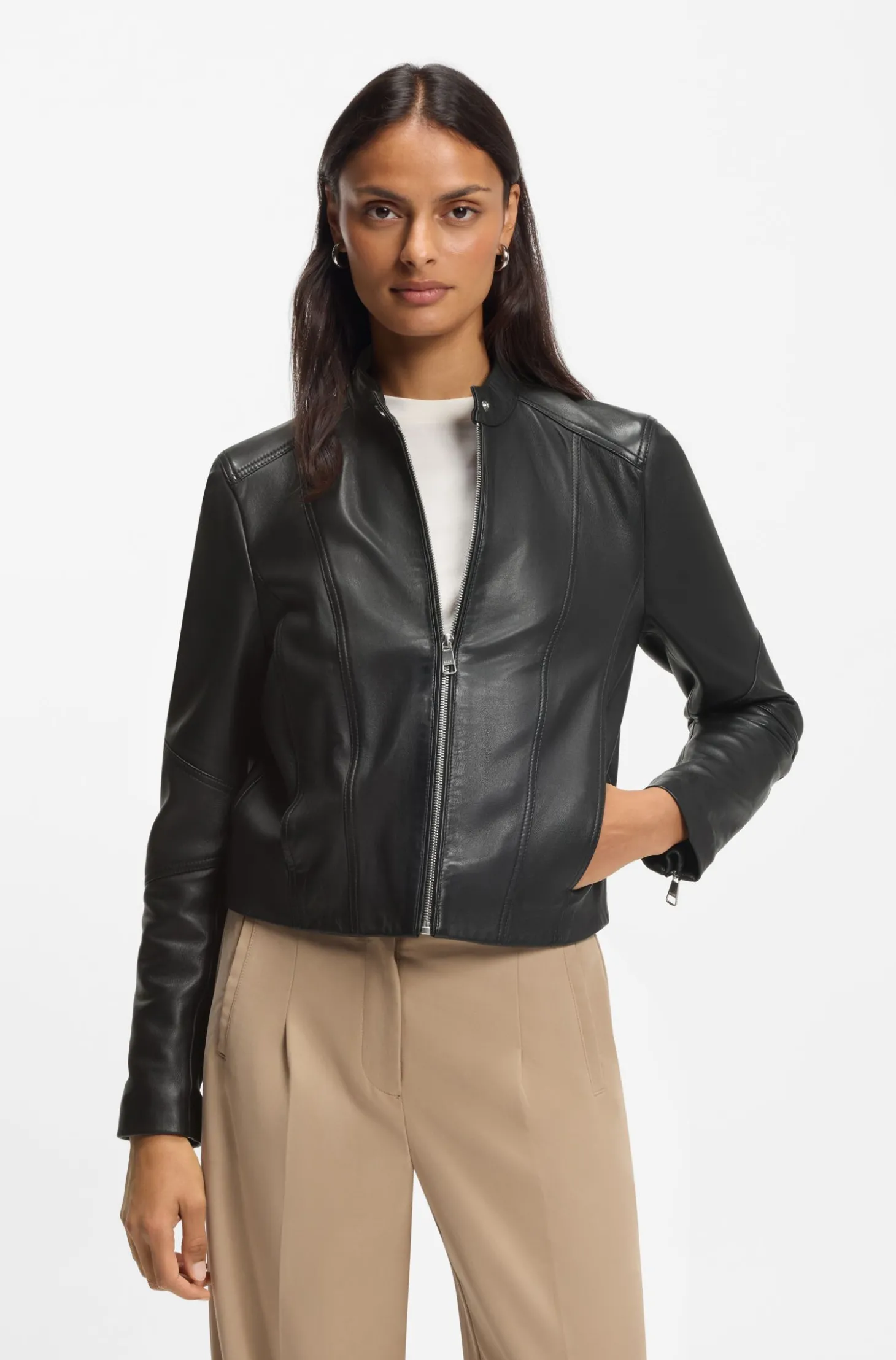 Bikerjacke aus weichem Leder mit Stehkragen