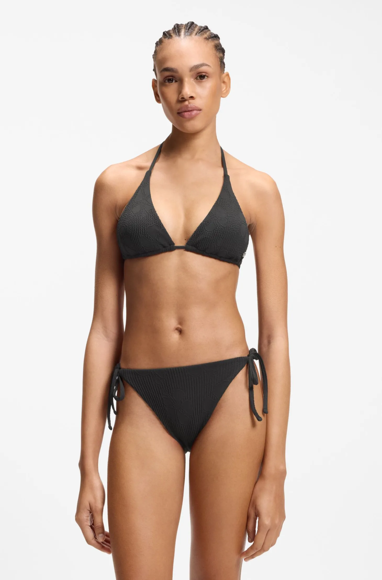 Bikinihose mit seitlicher Bindung und strukturiertem tropischem Muster