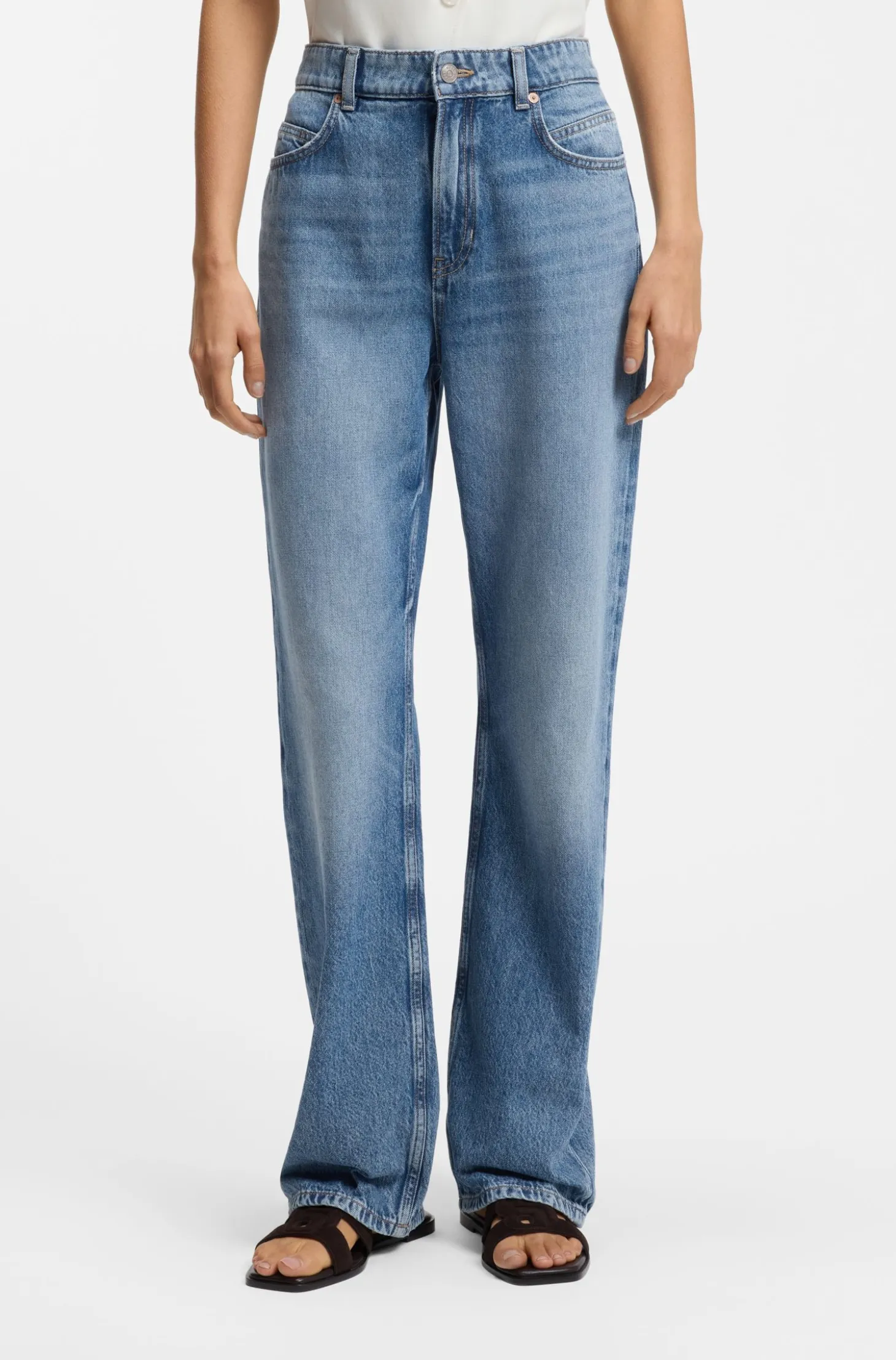 Blaue Regular-Fit Jeans mit hohem Bund aus festem Denim
