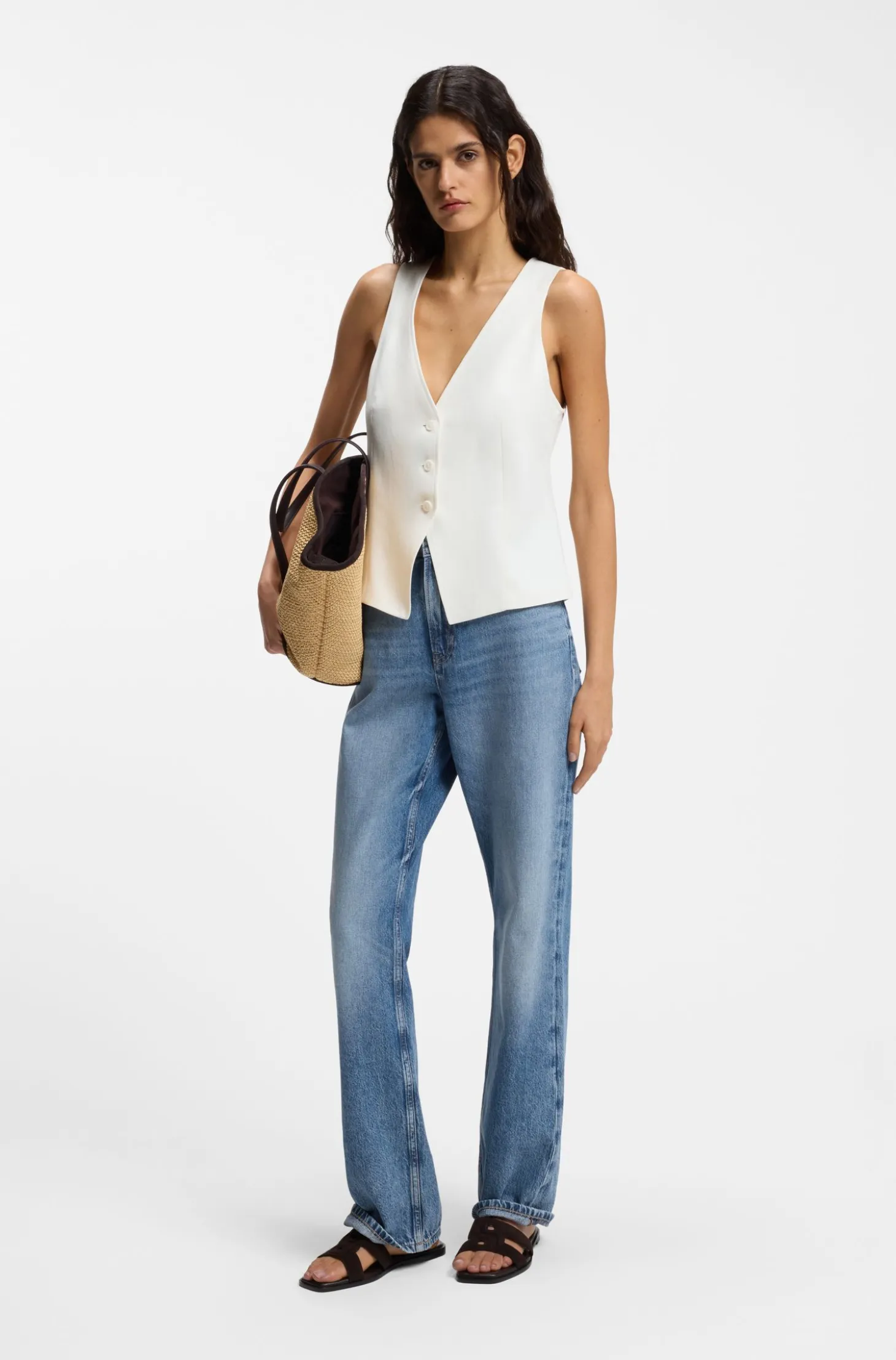 Blaue Regular-Fit Jeans mit hohem Bund aus festem Denim