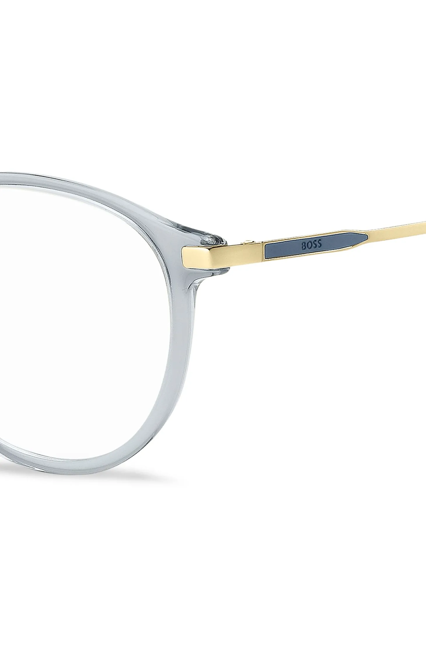 Blaugraue Brillenfassung mit goldfarbenen Details