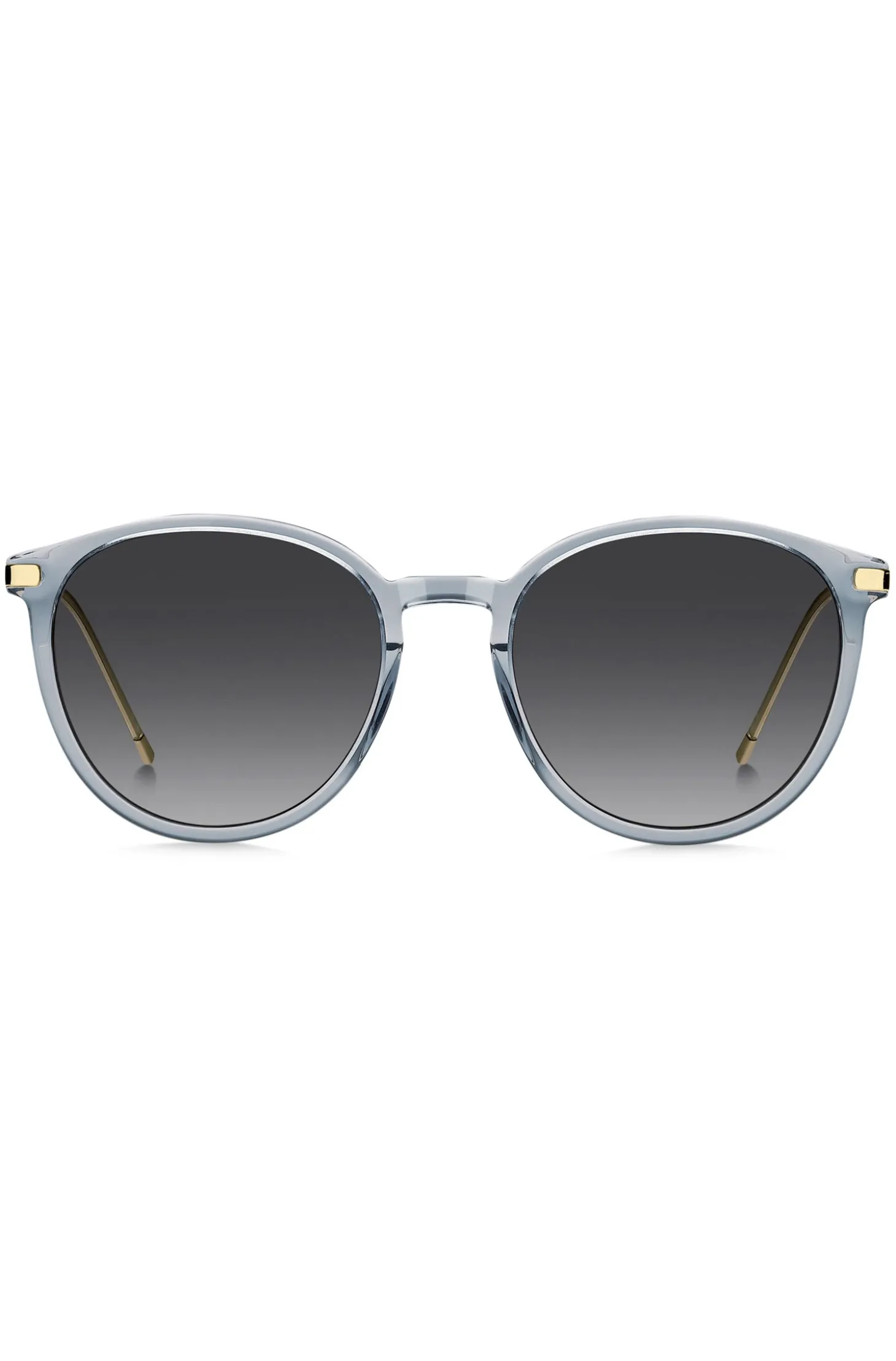 Blaugraue Sonnenbrille mit goldfarbenen Bügeln