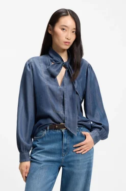 Bluse in Denim-Optik mit Schal-Detail