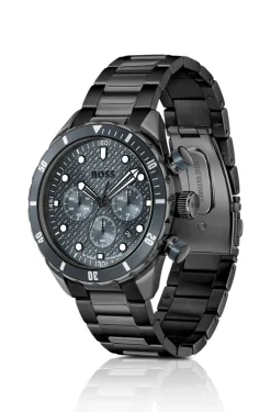 BOSS Chronomatix schwarz beschichtete Armbanduhr mit Monogramm-Struktur auf dem Zifferblatt