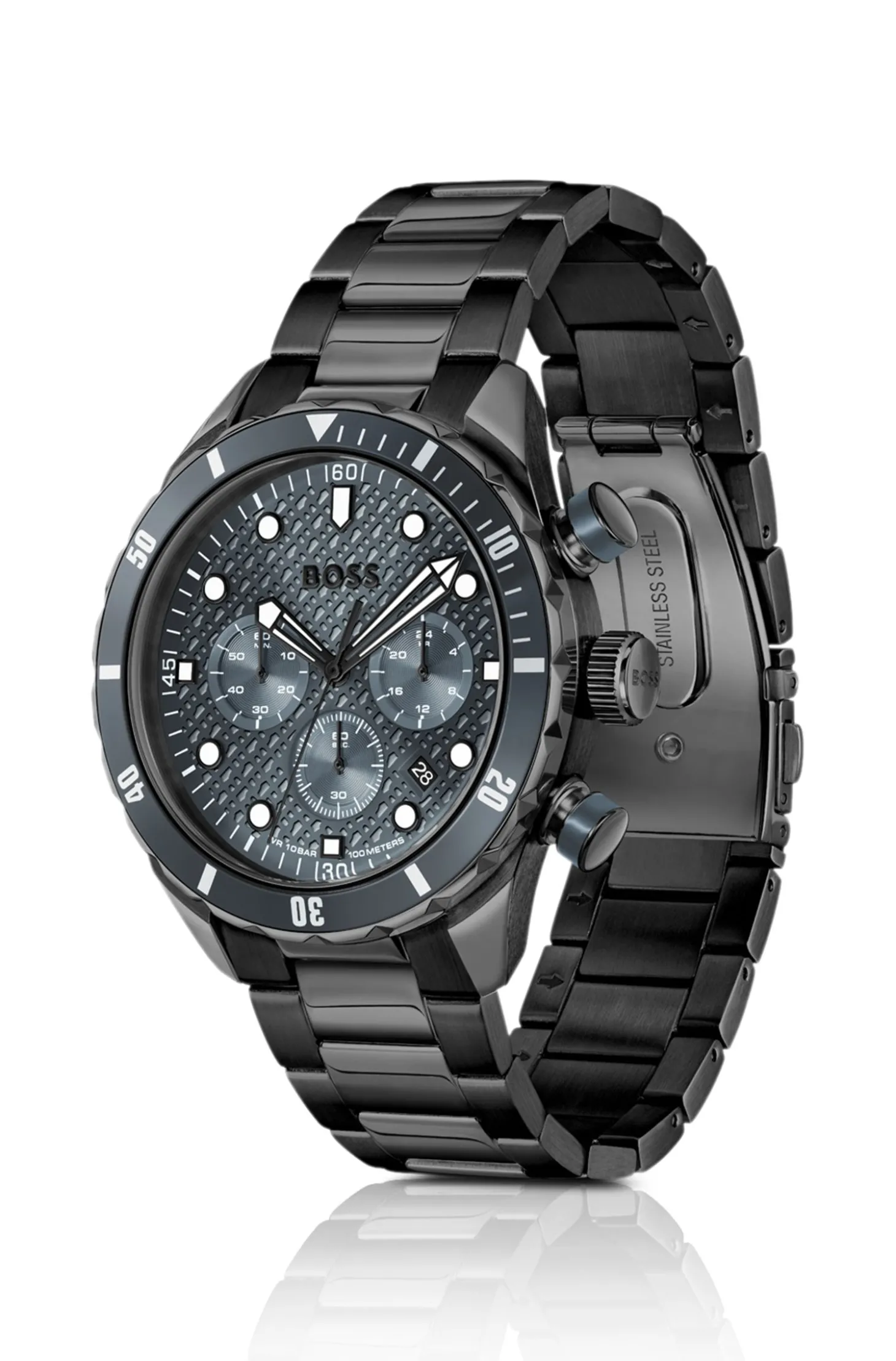 BOSS Chronomatix schwarz beschichtete Armbanduhr mit Monogramm-Struktur auf dem Zifferblatt