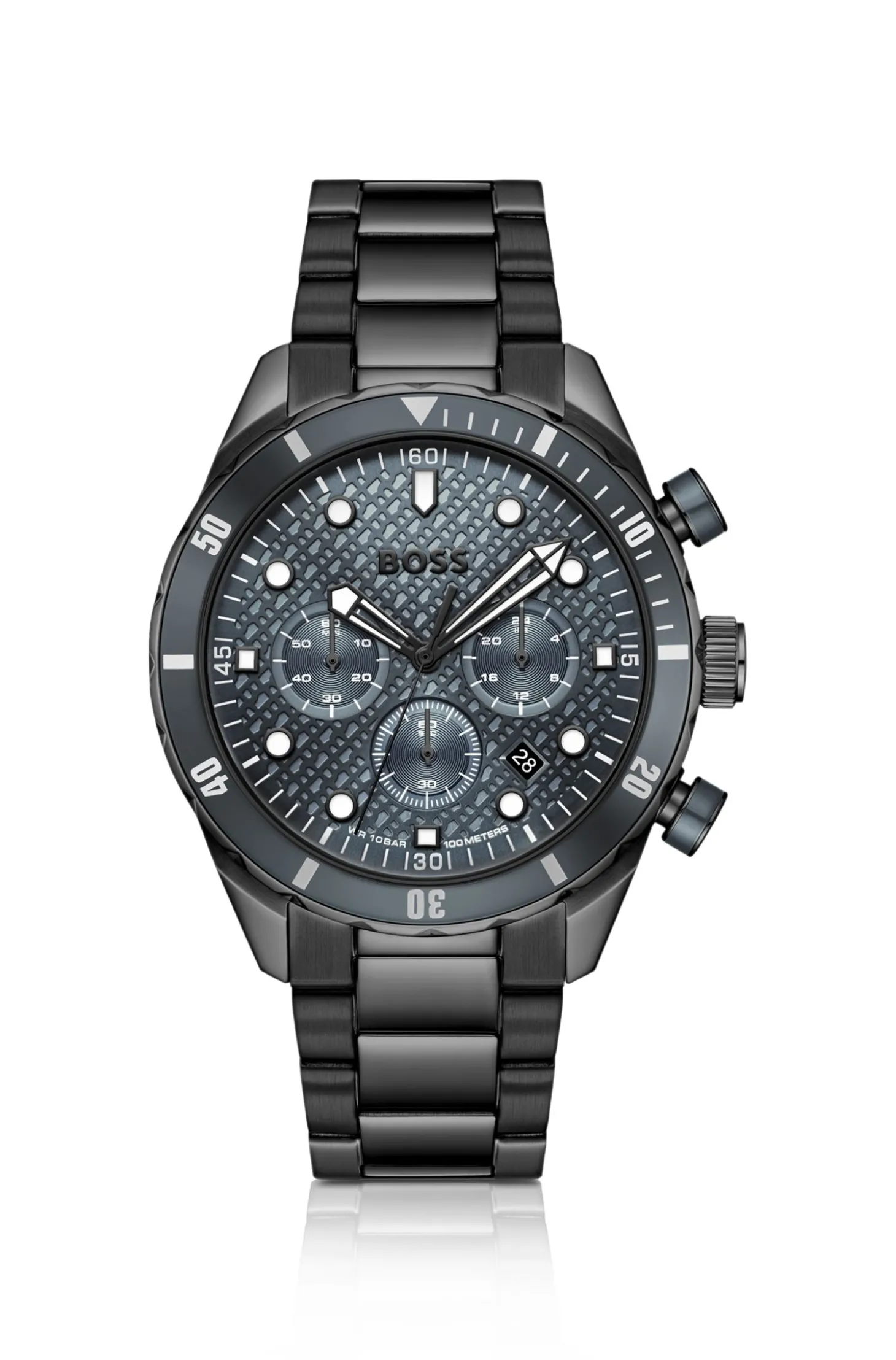 BOSS Chronomatix schwarz beschichtete Armbanduhr mit Monogramm-Struktur auf dem Zifferblatt
