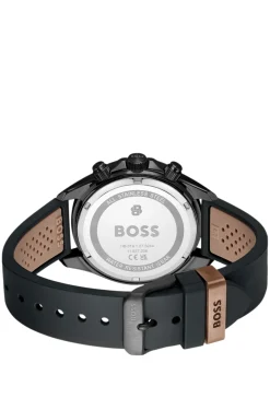 BOSSLETIC schwarz beschichtete Uhr mit perforiertem Silikonarmband