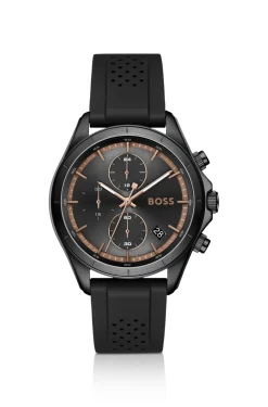 BOSSLETIC schwarz beschichtete Uhr mit perforiertem Silikonarmband