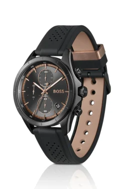 BOSSLETIC schwarz beschichtete Uhr mit perforiertem Silikonarmband