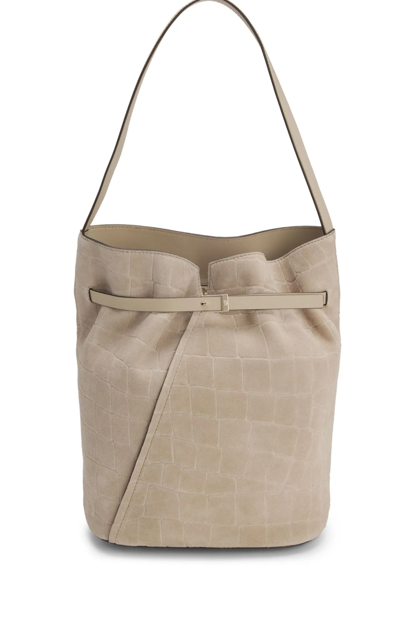BOSS Revers Bucket Bag aus bedrucktem Veloursleder mit Gürteldetail