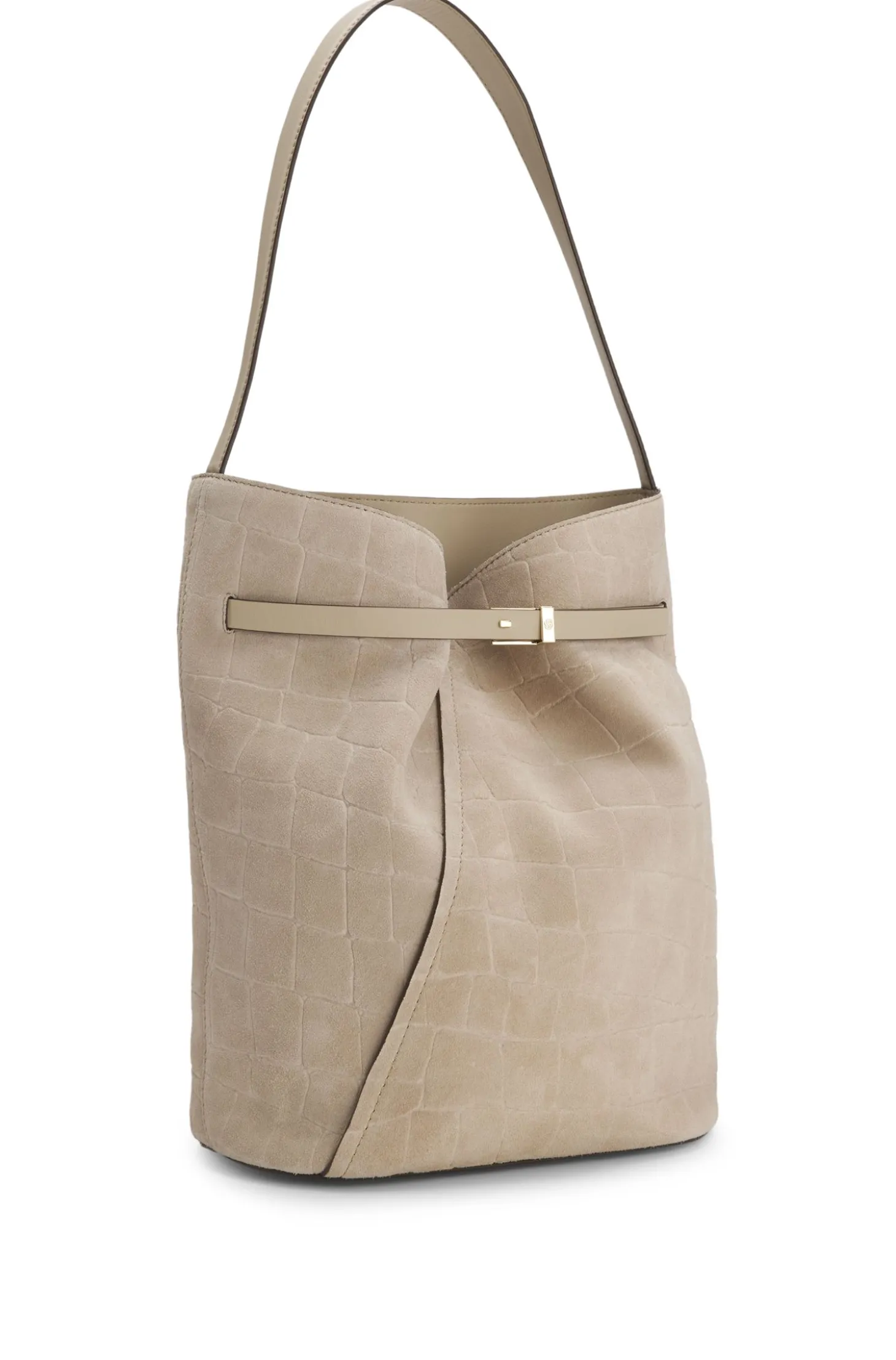 BOSS Revers Bucket Bag aus bedrucktem Veloursleder mit Gürteldetail