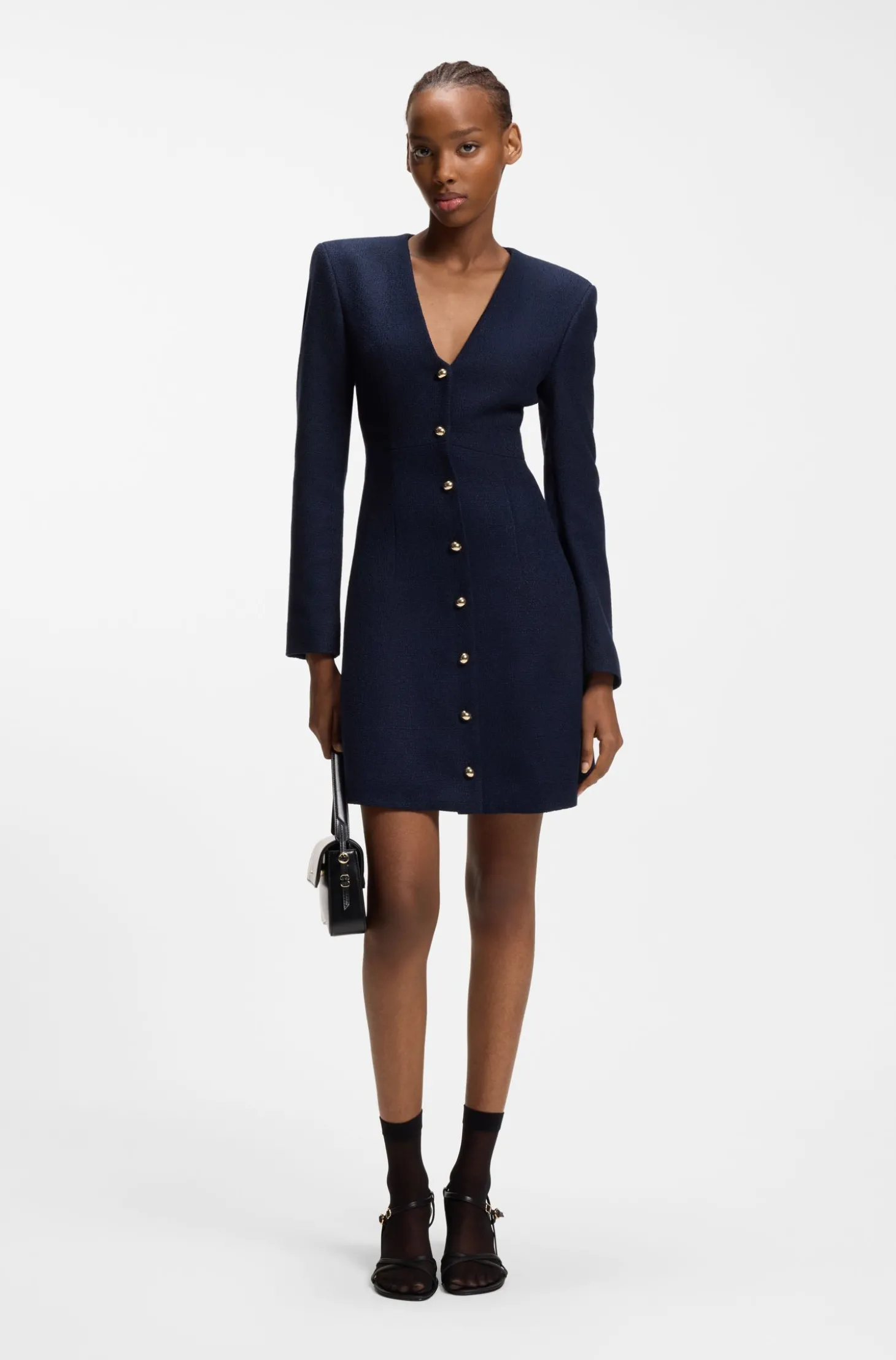 Bouclé-Kleid mit goldfarbenen Knöpfen
