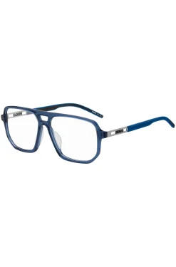 Brillenfassung aus blauem Acetat mit ausgestanztem Logo