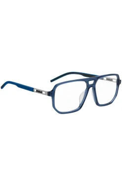 Brillenfassung aus blauem Acetat mit ausgestanztem Logo
