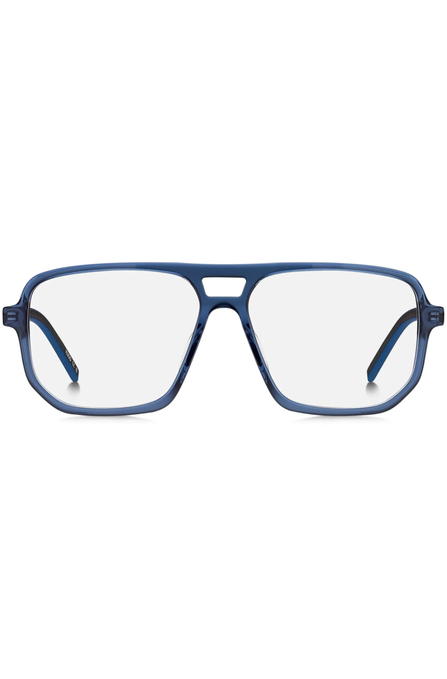 Brillenfassung aus blauem Acetat mit ausgestanztem Logo