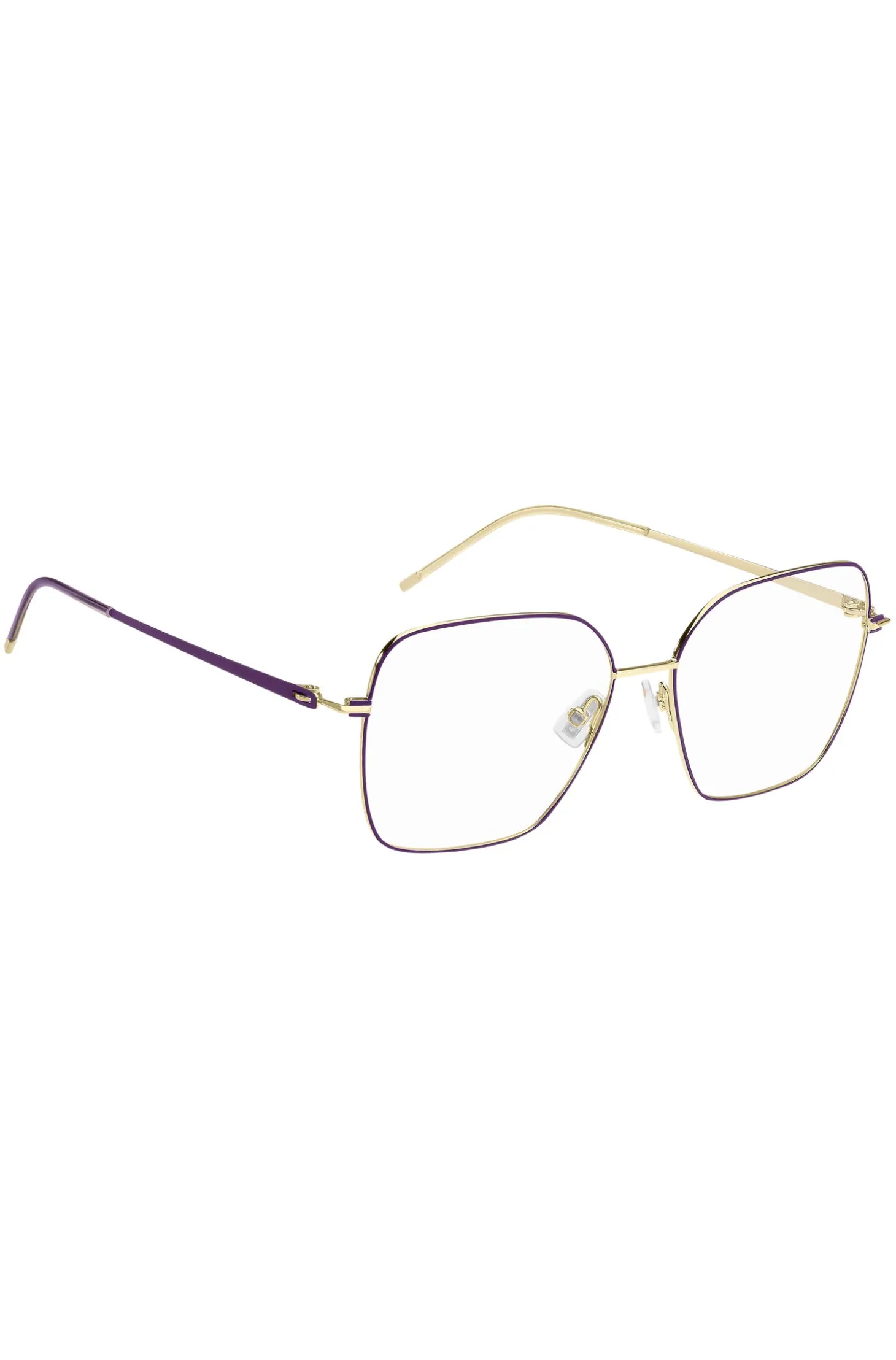 Brillenfassung aus goldfarbenem Stahl mit violetten Details