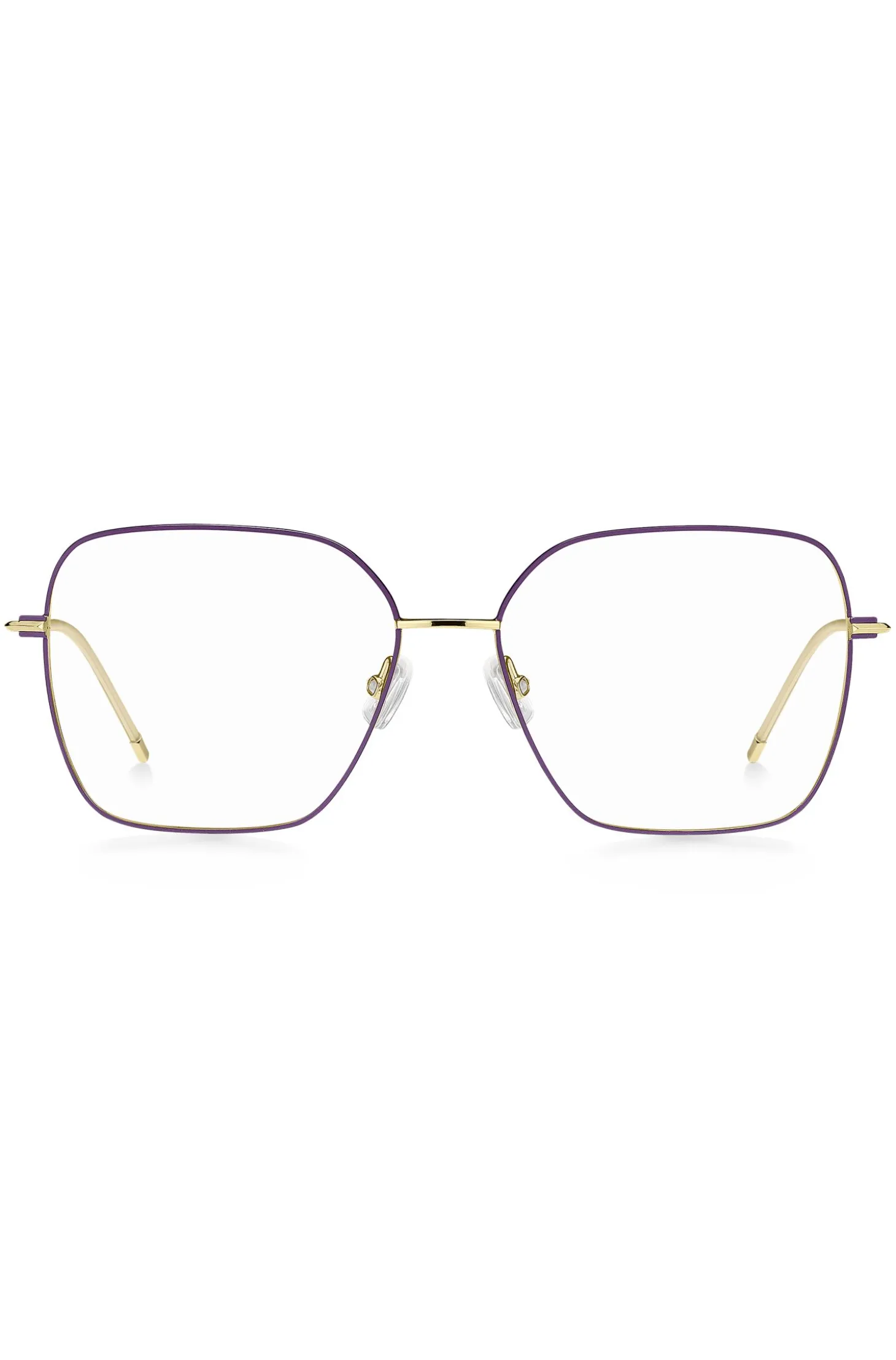 Brillenfassung aus goldfarbenem Stahl mit violetten Details