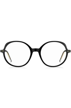Brillenfassung aus schwarzem Acetat mit goldfarbenen Details