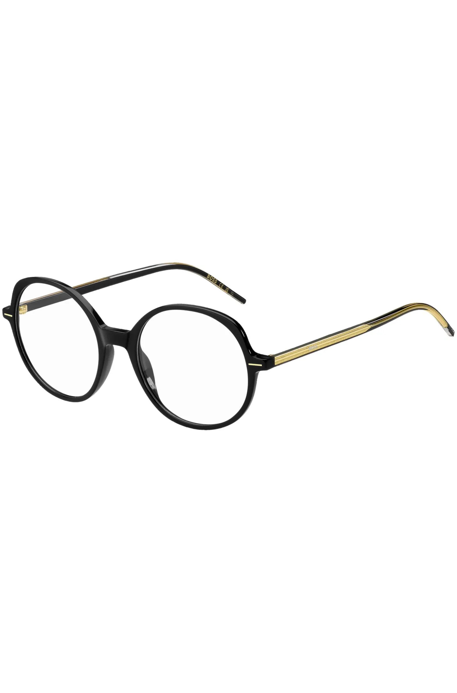 Brillenfassung aus schwarzem Acetat mit goldfarbenen Details
