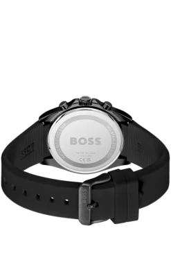 Chronograph mit schwarzem Zifferblatt und Silikonarmband mit Logo