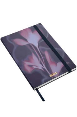 Dunkelblaues A5-Notizbuch mit floralem Print und Folien-Logo