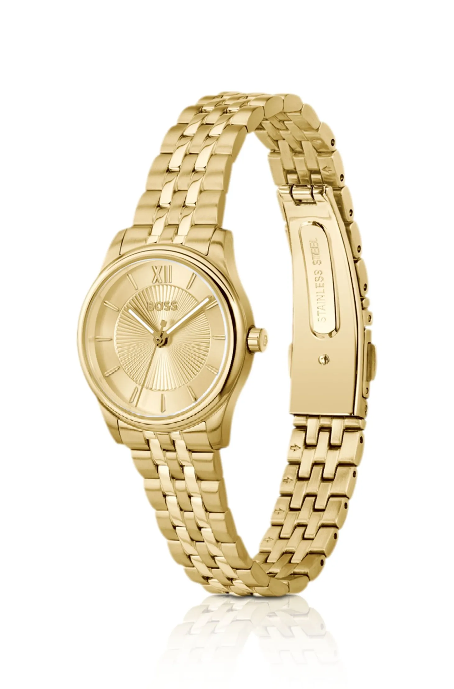 Elegante goldfarbene Uhr mit Zifferblatt im Sonnenschliff