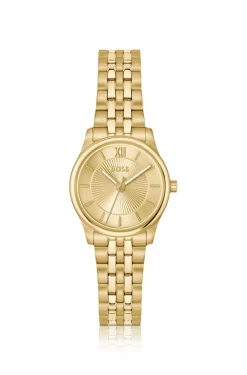 Elegante goldfarbene Uhr mit Zifferblatt im Sonnenschliff