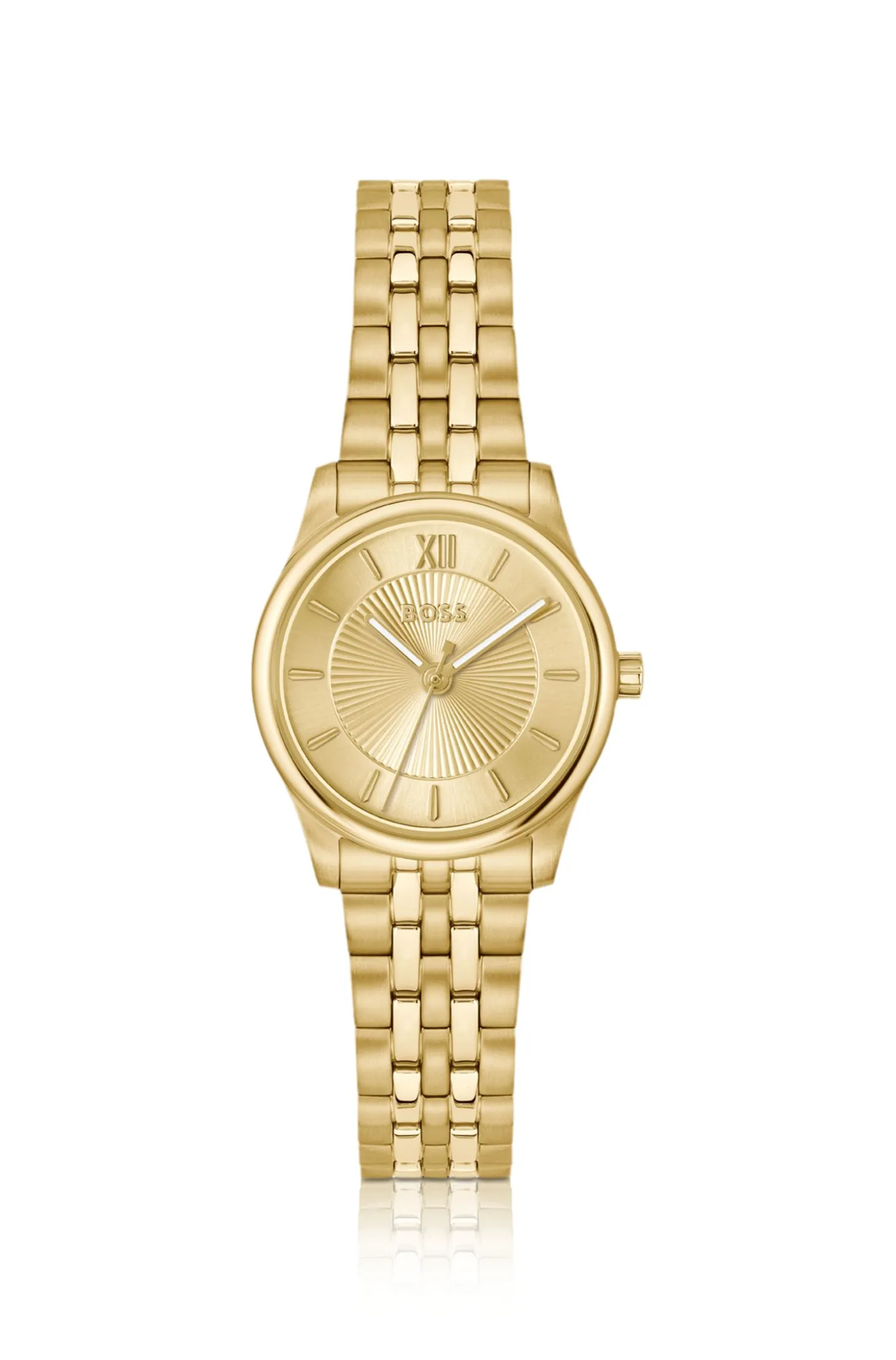 Elegante goldfarbene Uhr mit Zifferblatt im Sonnenschliff