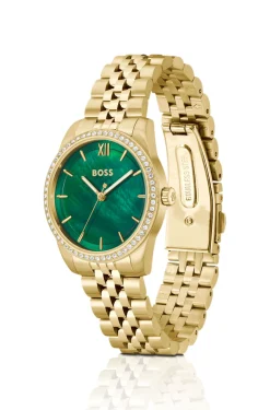 Elegante Uhr mit grünem Zifferblatt und kristallbesetzter Lünette