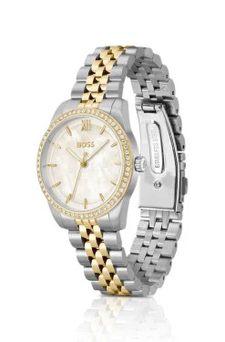 Elegante zweifarbige Uhr mit kristallbesetzter Lünette