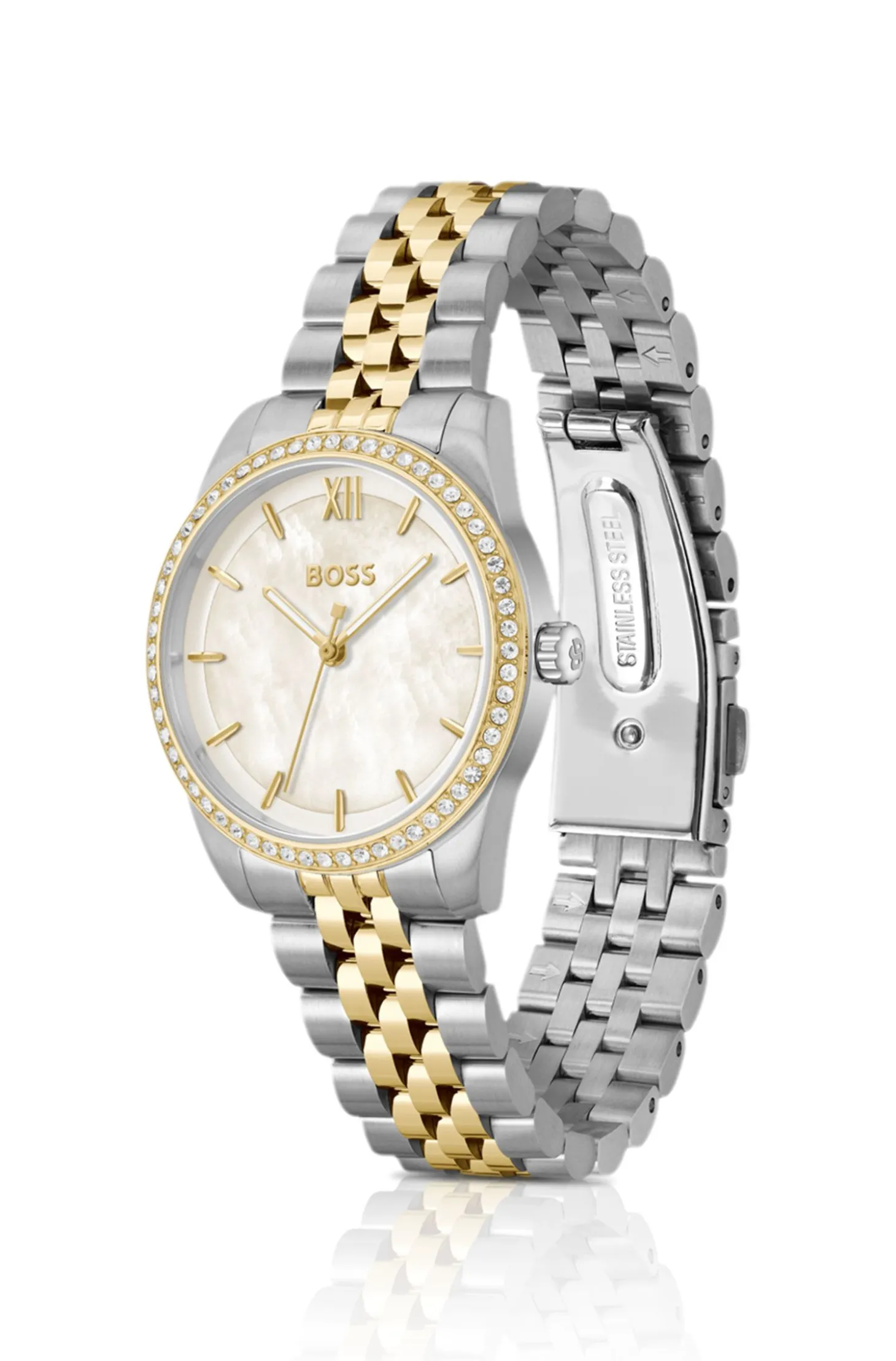 Elegante zweifarbige Uhr mit kristallbesetzter Lünette
