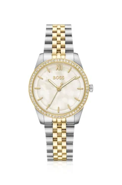 Elegante zweifarbige Uhr mit kristallbesetzter Lünette