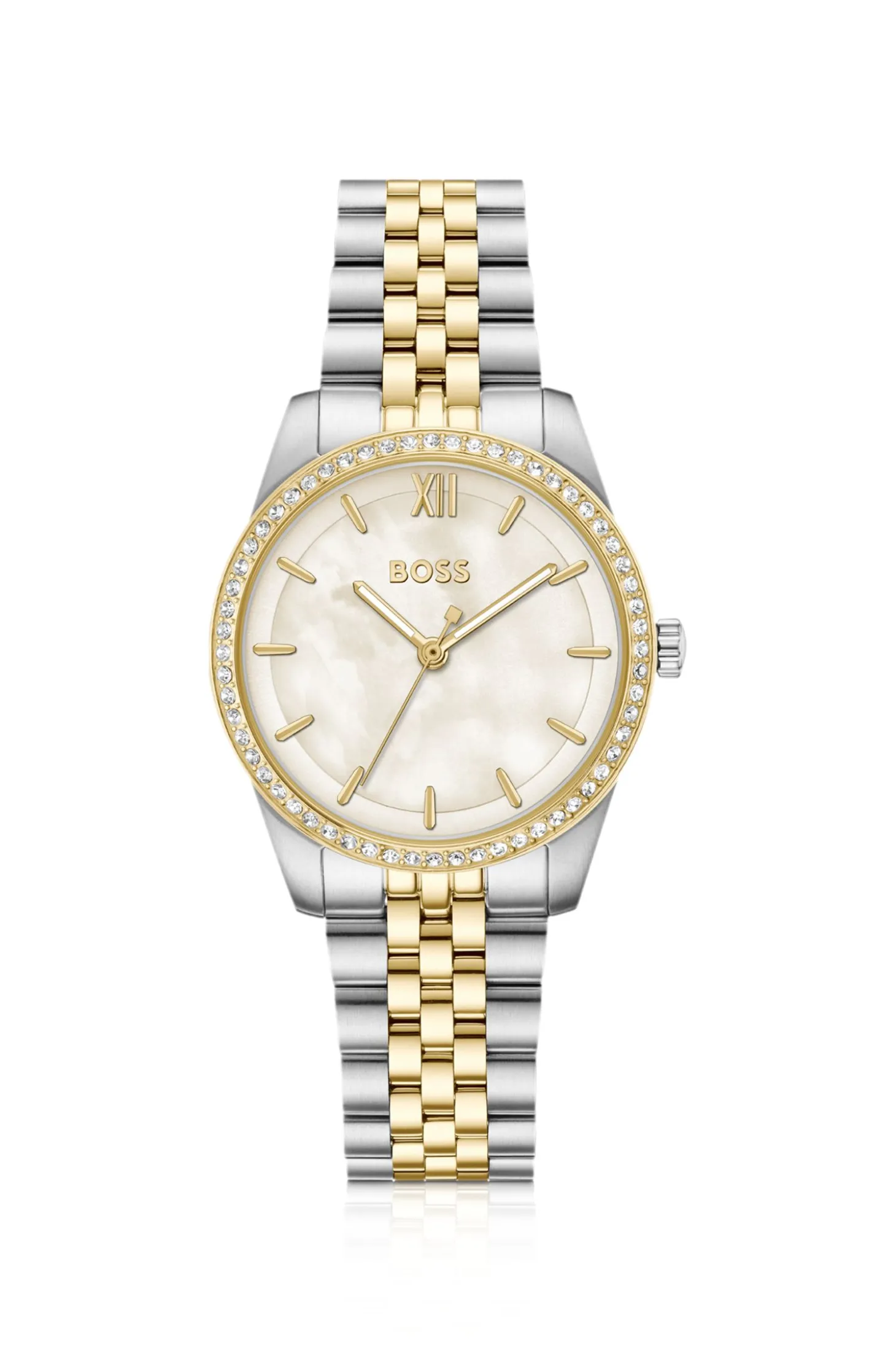 Elegante zweifarbige Uhr mit kristallbesetzter Lünette
