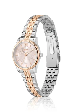Elegante zweifarbige Uhr mit rosafarbenem Zifferblatt im Sonnenschliff