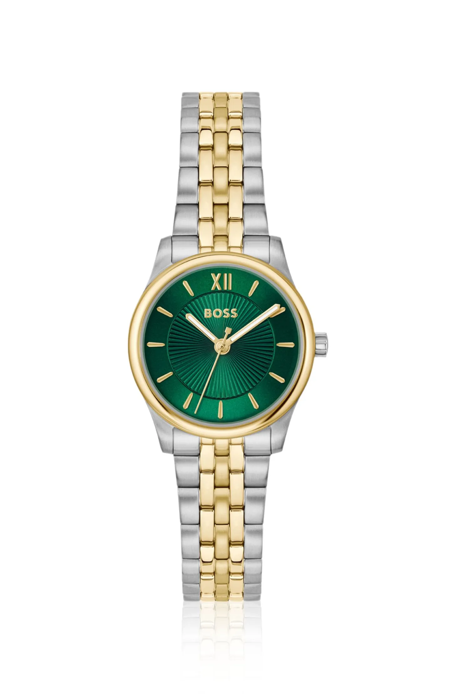 Elegante zweifarbige Uhr mit sonnenstrahlenförmig gemustertem Zifferblatt
