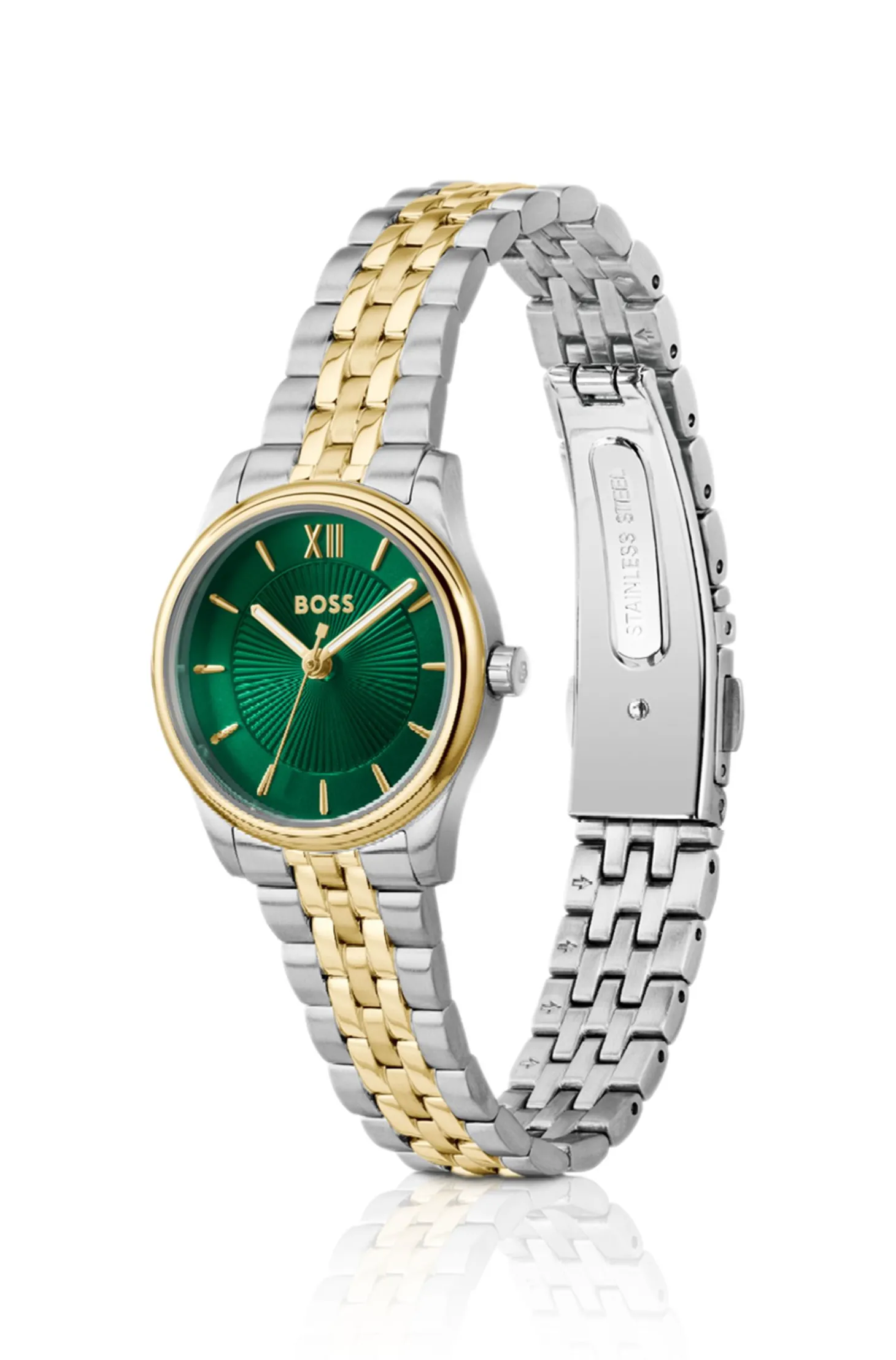 Elegante zweifarbige Uhr mit sonnenstrahlenförmig gemustertem Zifferblatt