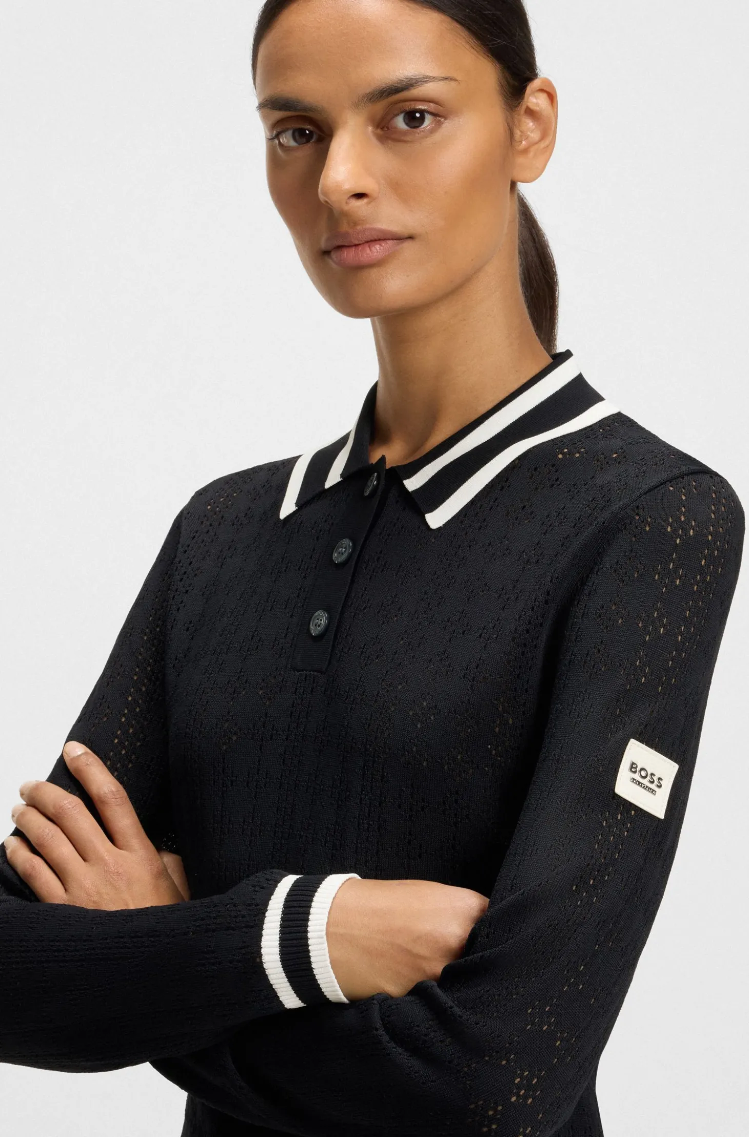 Equestrian Ajour-Strick-Poloshirt mit Logo-Patch