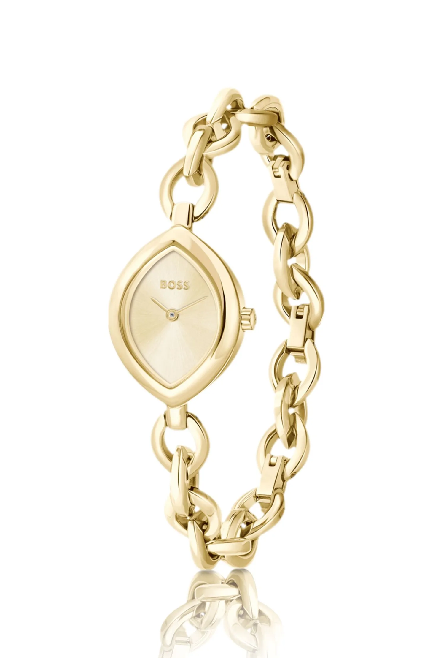 Fiora Uhr aus goldfarbenem Edelstahl mit konturiertem Gehäuse