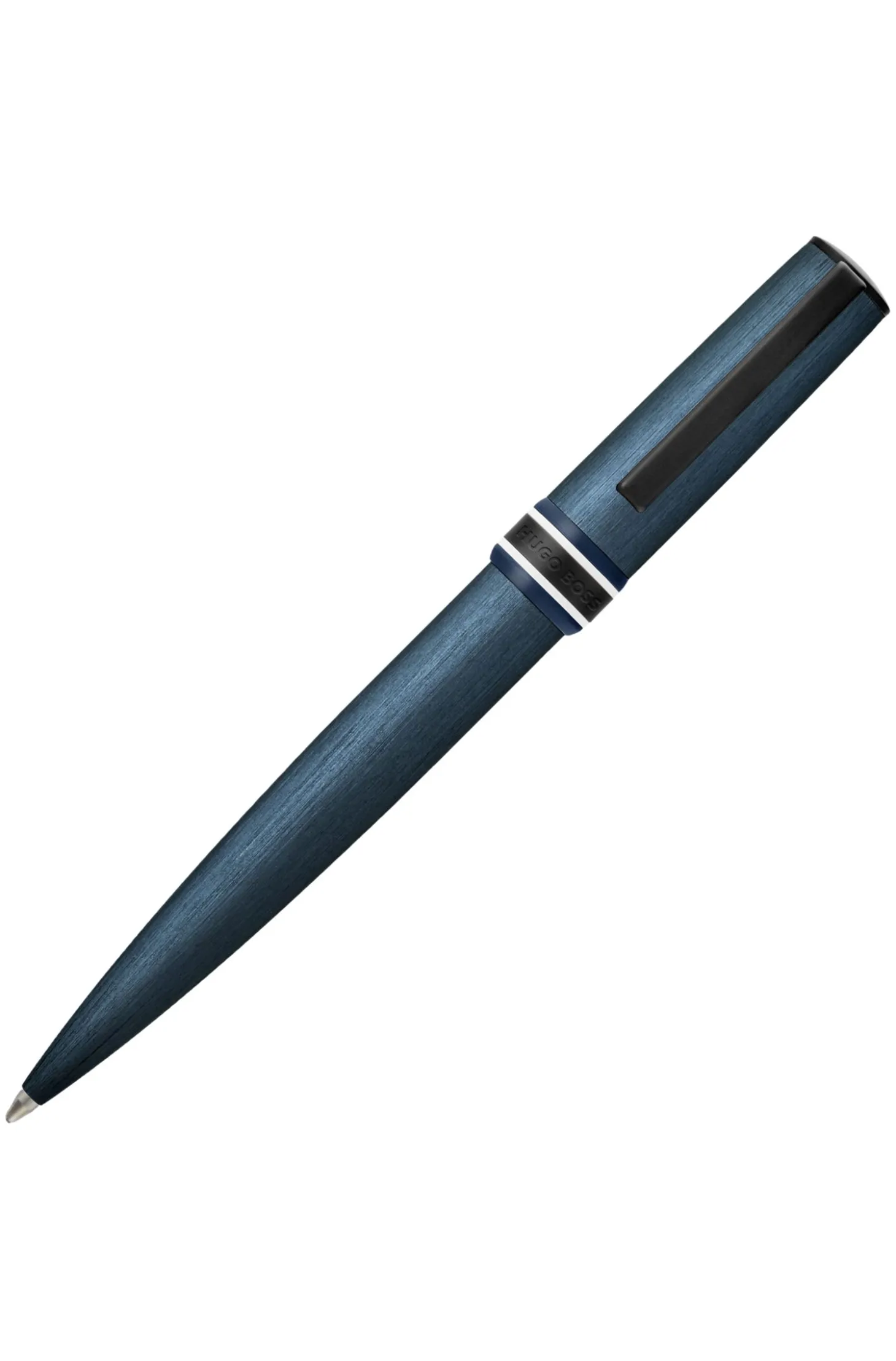 Gebürsteter marineblauer Kugelschreiber mit Streifen-Muster am Ring