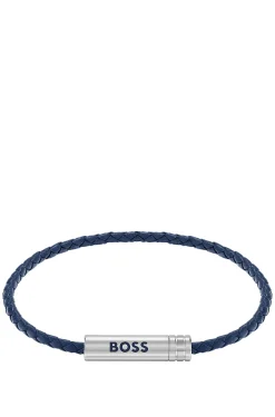 Geflochtenes Armband aus blauem Leder mit Logo-Plakette