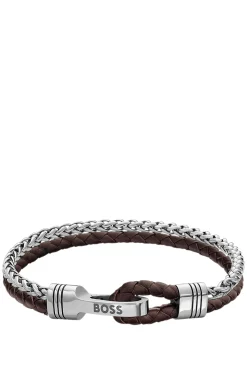 Geflochtenes Armband aus braunem Leder und Edelstahl