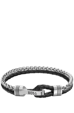 Geflochtenes Armband aus schwarzem Leder und Edelstahl