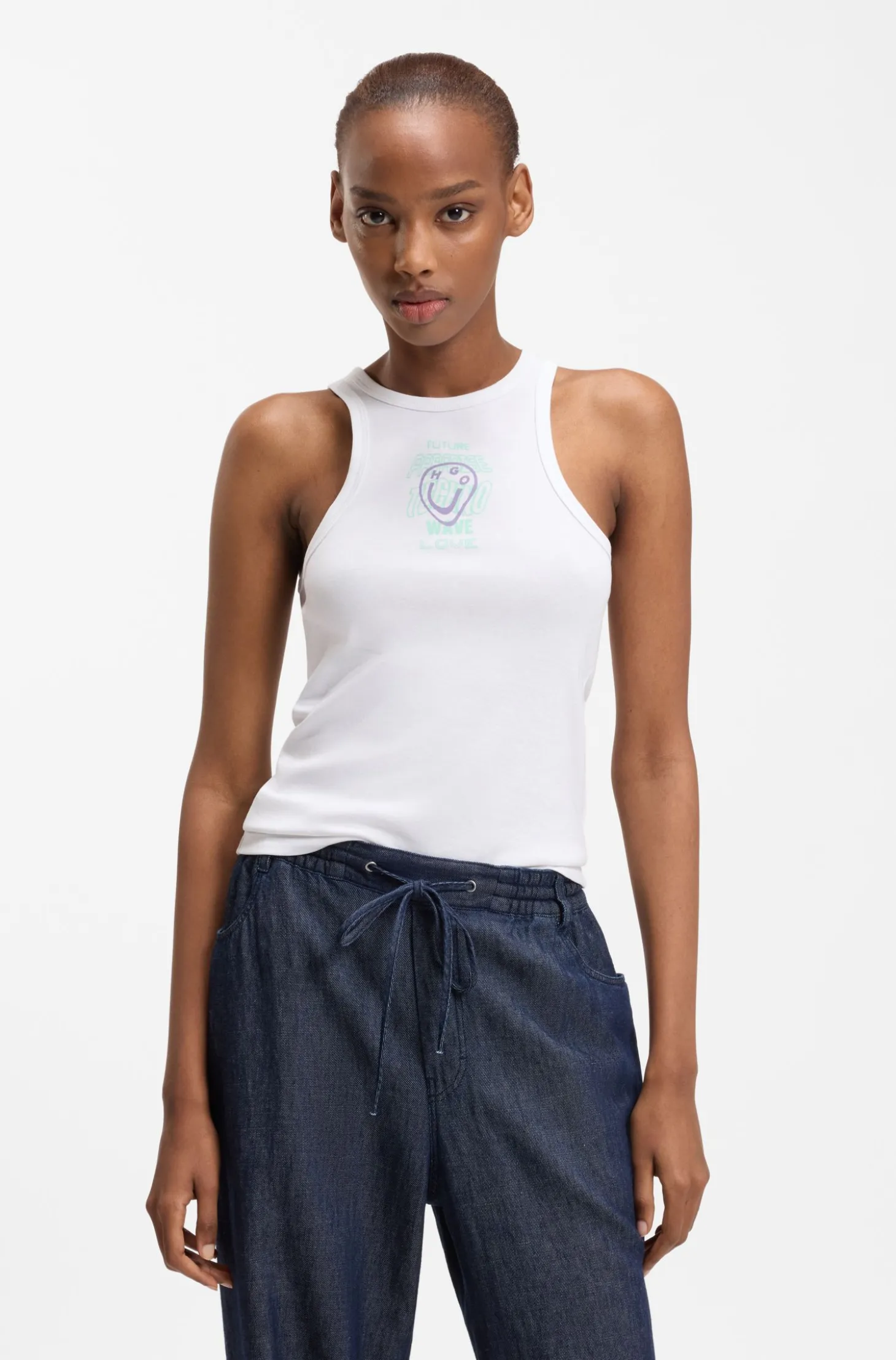 Geripptes Tanktop aus Baumwolle mit Logo-Kunstwerk