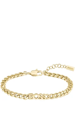 Goldfarbenes Gliederarmband mit Logo-Schriftzug