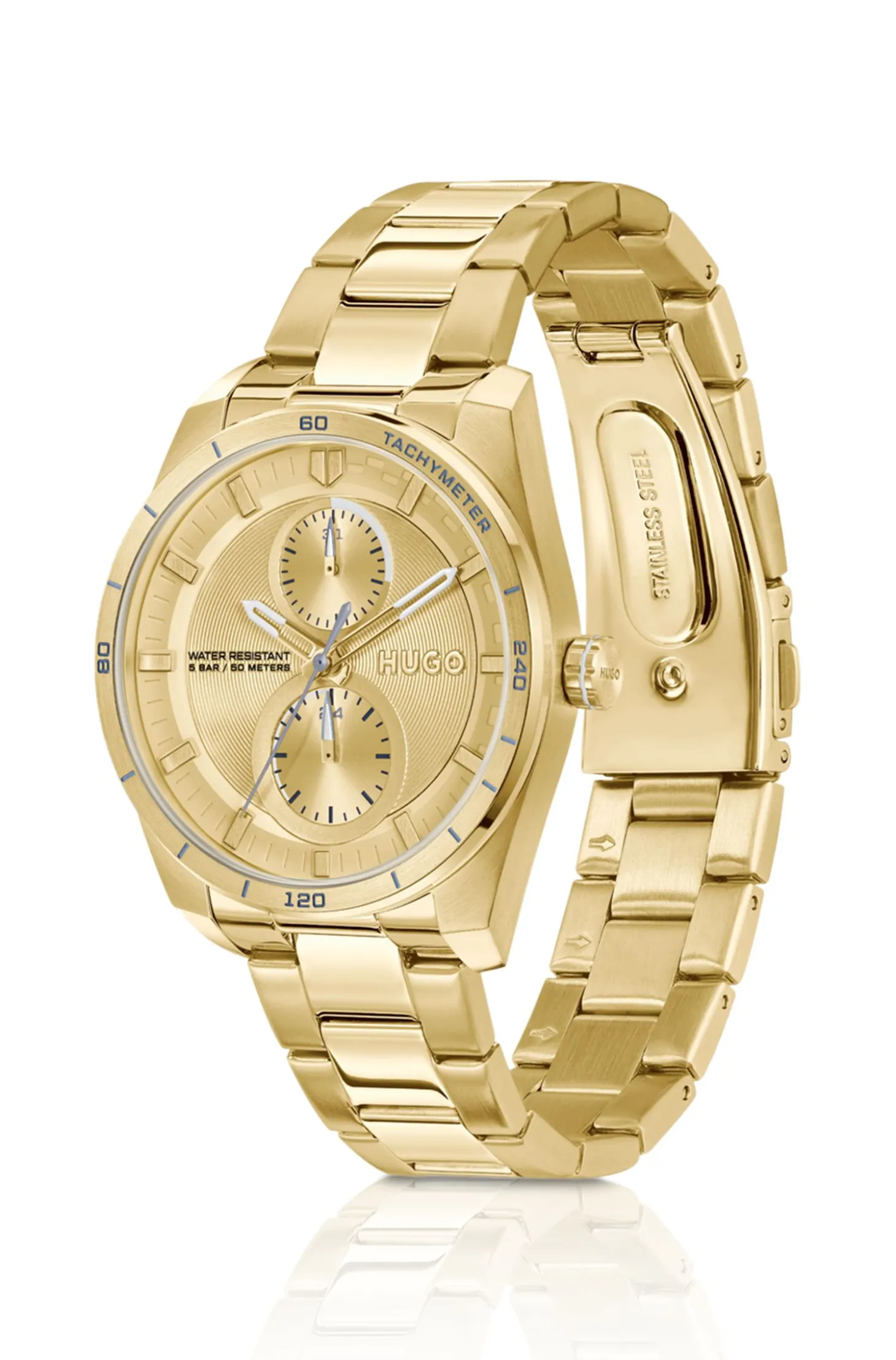 Goldfarbene Uhr mit Details im Rennsport-Stil