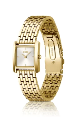 Goldfarbene Uhr mit quadratischem Gehäuse